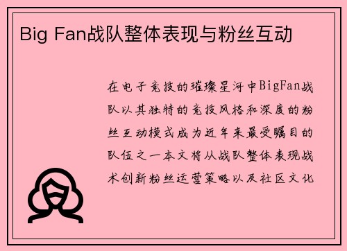 Big Fan战队整体表现与粉丝互动
