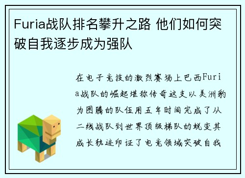 Furia战队排名攀升之路 他们如何突破自我逐步成为强队