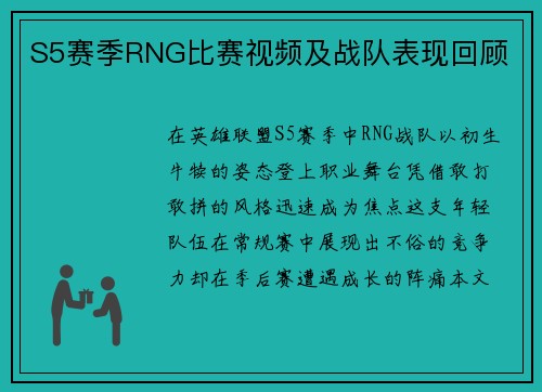 S5赛季RNG比赛视频及战队表现回顾